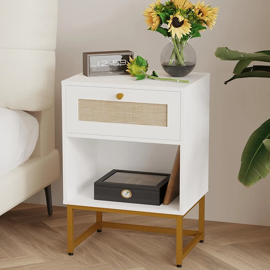 Rattan Nightstand,Farmhouse Modern Boho Bedside Table with Storage Drawer and Open Shelf,Small Gold Frame Side End Table for Bedroom,Living Room,Office(White)