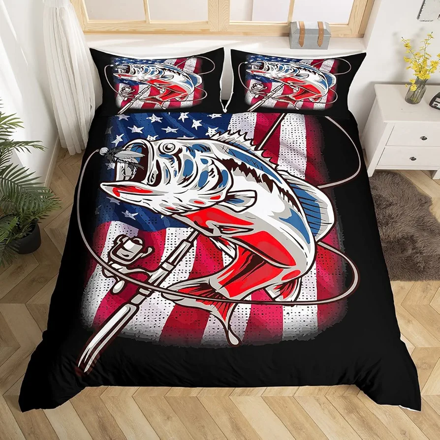 American Flag Duvet Cover Farmhouse Fishing Bedding Set for Kids Boys Girls Teens Room Wild Fish Decor Comforter Cover Set Red Blue Stripe Bedspread Cover 3Pcs Zipper Queen Size