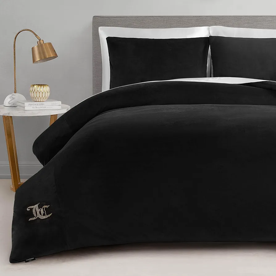 Juicy Couture Black Velour Full/Queen Comforter Set - 3 Piece Luxury Bedding Ensemble