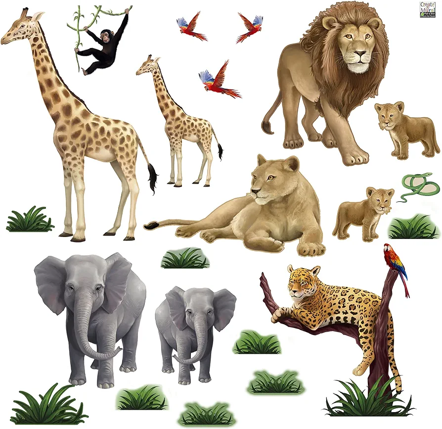 Small Jungle Animal Wall Decals (23) Lion, Elephant, Giraffe, Jaguar, Monkey Peel & Stick Wild Jungle Safari Theme Ideas Kids Room Decor Wall Stickers Birthday Decoration