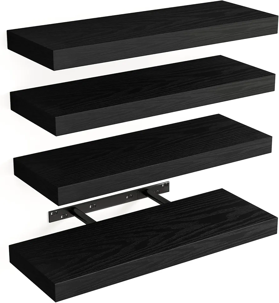 Fixwal 15.8in Floating Shelves, Rustic Wood Finish Wall Shelves Set of 4, Shelves for Wall Decor, with Invisible Brackets for Bathroom, Living Room,Bedroom and Kitchen(Black)