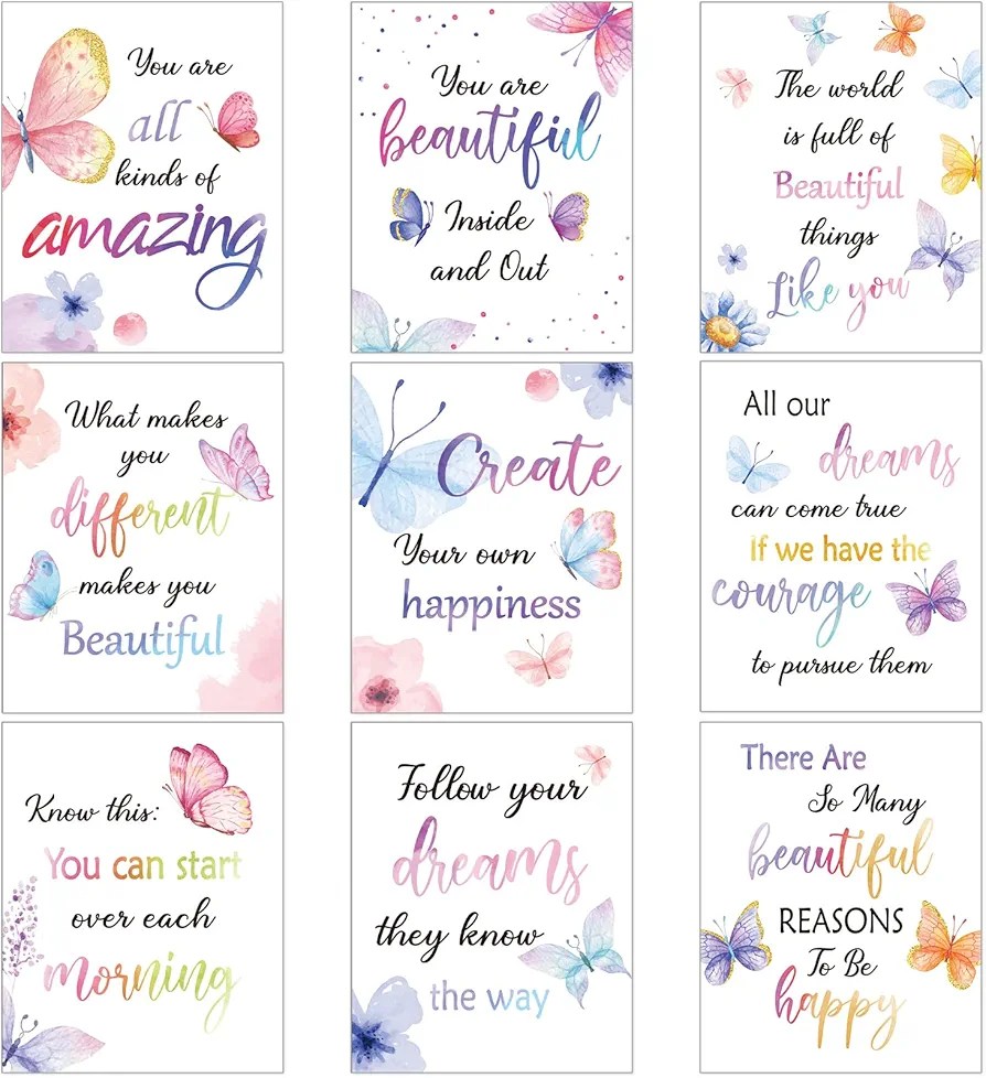 9 Set Watercolor Butterfly Inspirational Quote Wall Poster Prints 8 x 10 Inch Butterfly Motivational Saying Girls Room Decor Butterfly Pictures Decor Butterfly Wall Decals with 30 Glue Point Dots