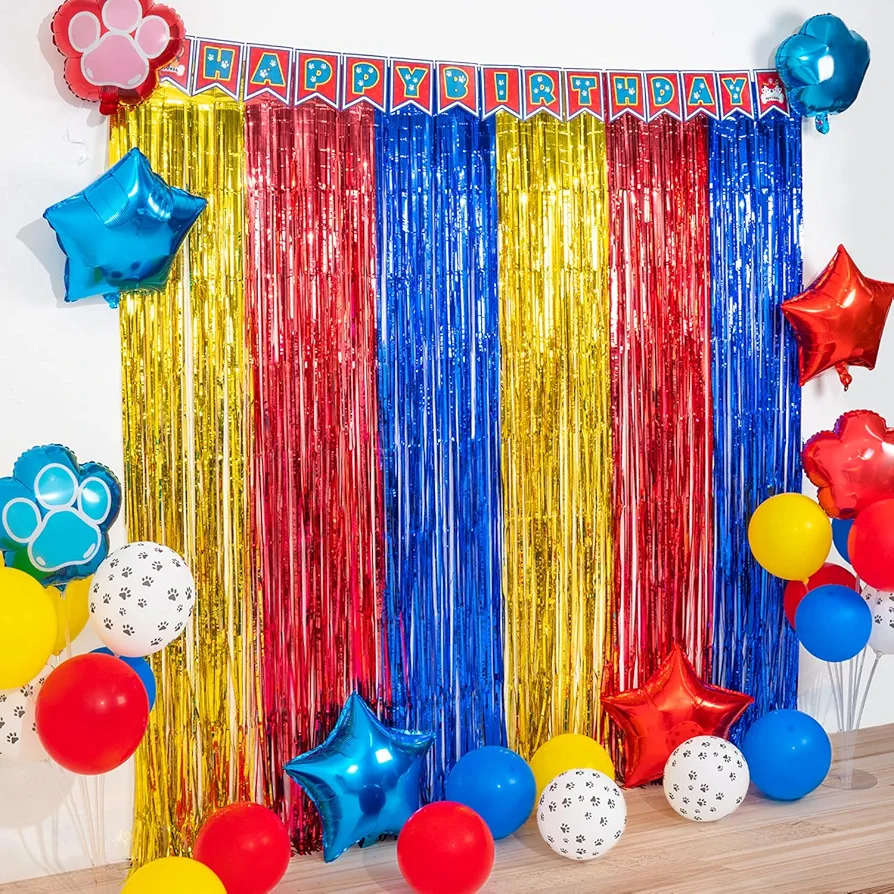 Paw or Hedgehog Birthday Decorations, 4 Pack Gold Red and Blue Birthday Party Supplies 3.3 x 6.6ft Tinsel Foil Fringe Curtains Photo Booth Props Backdrop Streamers, House Doorway Room Decor for Kids