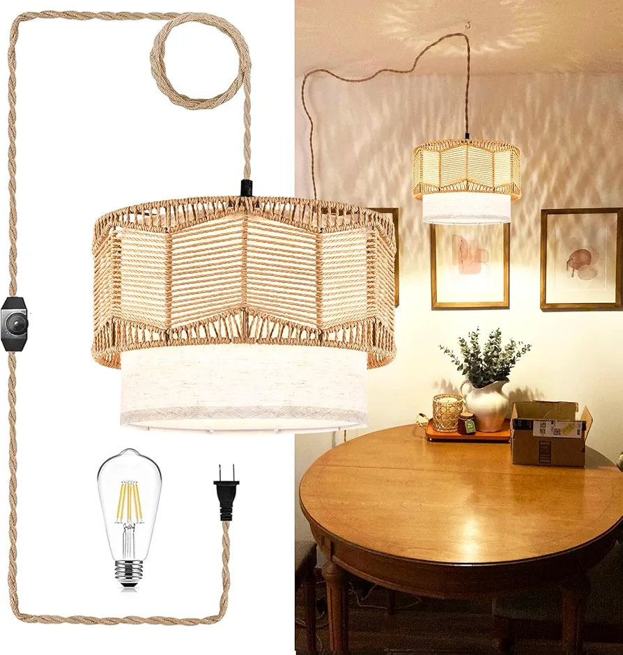 Plug in Pendant Light Hanging Lights with Plug in Cord Hanging Lamp Boho Rattan Dimmable Wicker Bamboo Woven Lamp Shade Hemp Rope Plug in Ceiling Light Fixture for Living Room Bedroom farmhouse