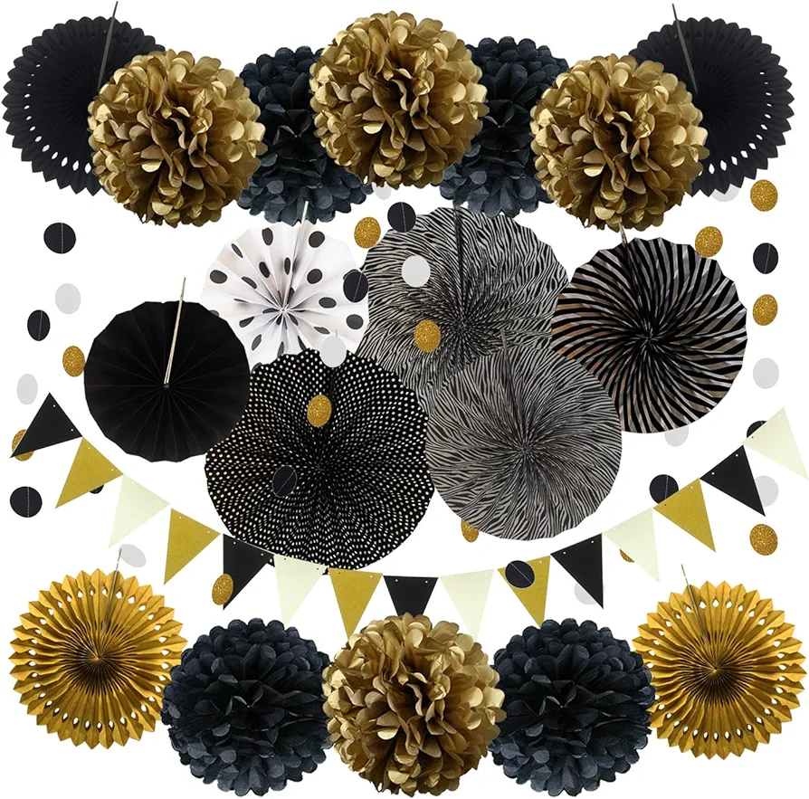 ZERODECO Party Decoration, 21 Pcs Black and Gold Hanging Paper Fans, Pom Poms Flowers, Garlands String Polka Dot and Triangle Bunting Flags for Birthday Parties Wedding Décor, Table & Wall Decorations