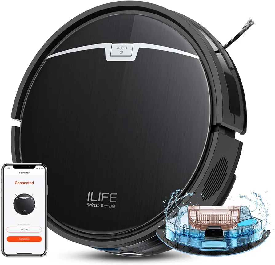 ILIFE V9 Robot Vacuum and Mop Combo, 3000Pa Strong Suction Robot Vacuum Cleaner with Gyro Navigation, App/Alexa Control, for Pet Hair, Hard Floor, Low Carpet, 2.4GHz WiFi Only, Black