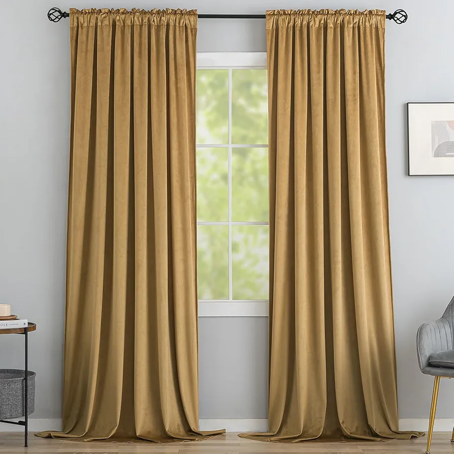 Yakamok Nursery Sunlight Velvet Curtains - Elegant Interior Decoration Large Window Blackout Velvet Drapes for Living Room, 52 x 96 Inches Long, Gold Brown, 2 Panels Rod Pocket