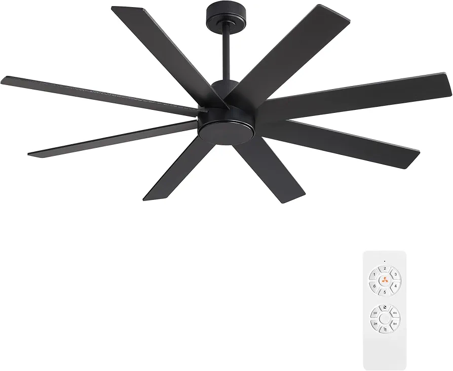 WINGBO 60" Large DC Ceiling Fans without Lights, 3 Downrods, 8 Plywood Blades, 6-Speeds Reversible DC Motor, Indoor Ceiling Fan No Lights for Bedroom Living Room Patio, Black