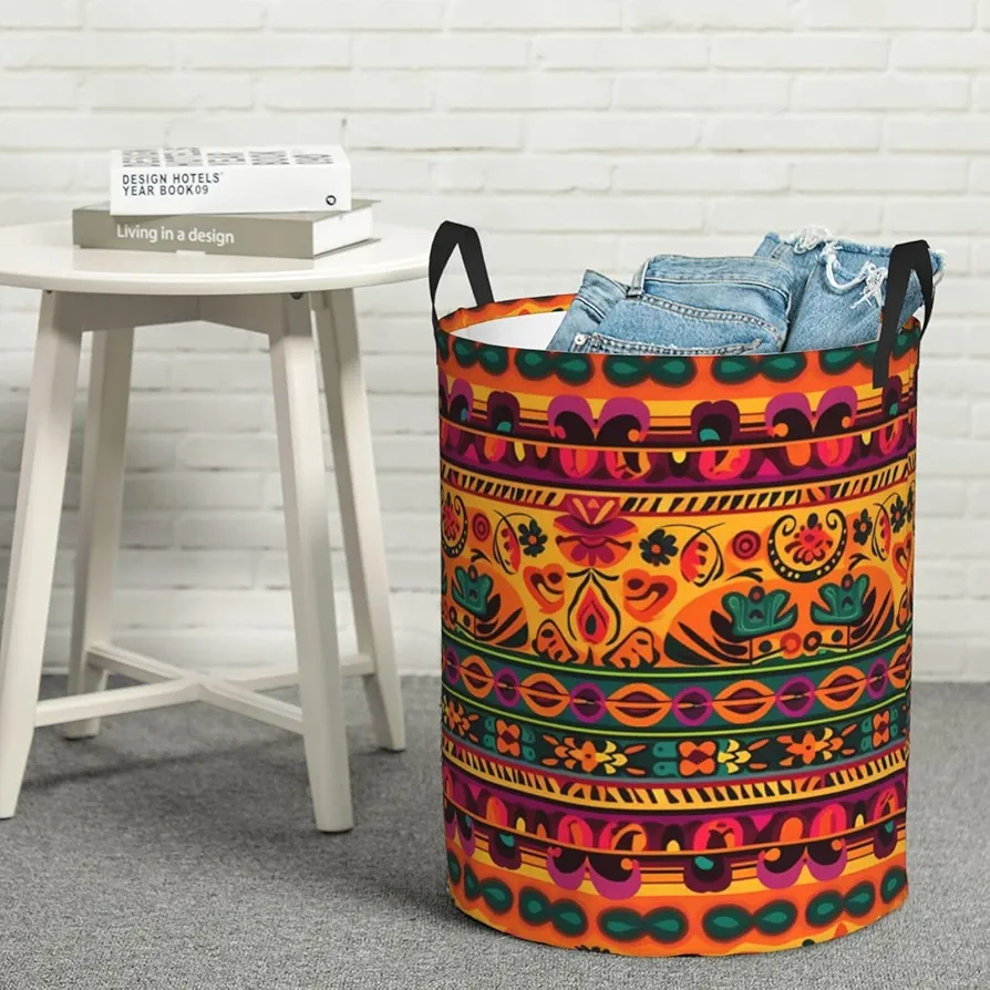 Large Laundry Basket Mexican Folk Art Boho Laundry Hamper Collapsible Laundry Baskets Freestanding Waterproof Laundry Bag for Bedroom Bathroom Laundry Room, Small, Black, 65HG6FD54H6