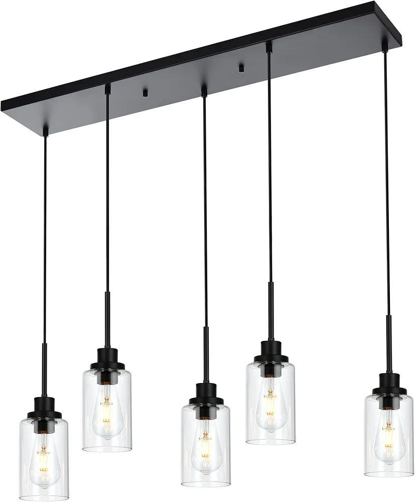 MELUCEE Black Pendant Lights for Kitchen Island, 5-Light Dining Room Light Fixtures Linear Chandeliers with Clear Glass Shade, DIY Hanging Lamp Ceiling for Dining Room Kitchen Bar