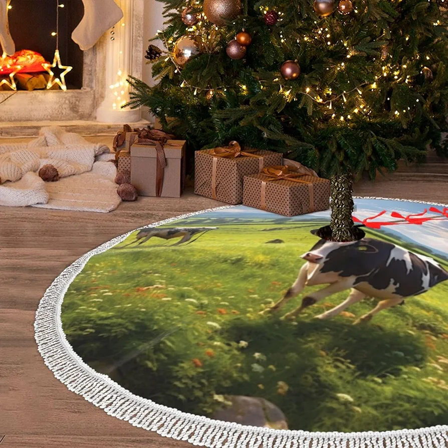 Christmas Tree Skirt with Tassel Cows grazing 36" Xmas Tree Skirts Tassel Tree Mat Ornament for Home Indoor Outdoor Room Holiday Decoration