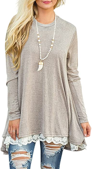 WEKILI Women's Tops Long Sleeve Lace Scoop Neck A-line Tunic Blouse