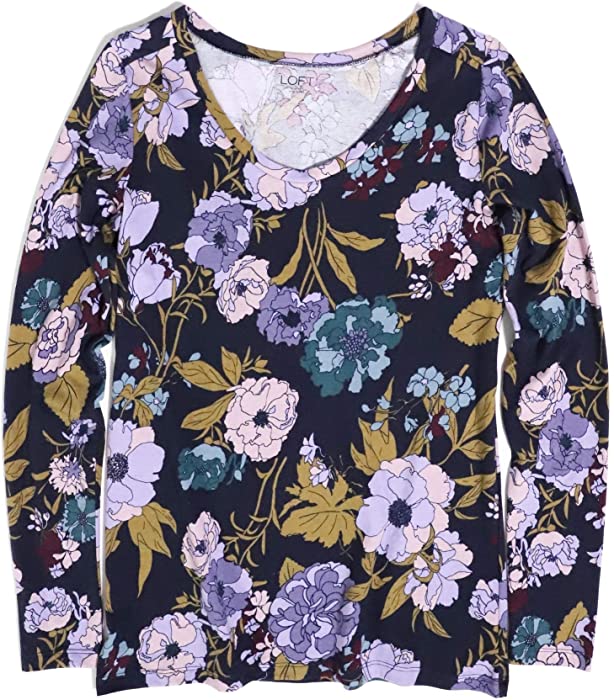 Ann Taylor LOFT Outlet Women's Navy Retro Floral Long Sleeve Tee