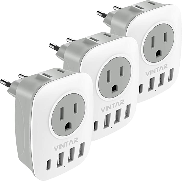 [3-Pack] European Travel Plug Adapter, VINTAR International Power Adaptor with 2 American Outlets, 1 USB C and 3 USB Ports, 6 in 1 Travel Essentials to France, German, Italy, Spain (Type C)