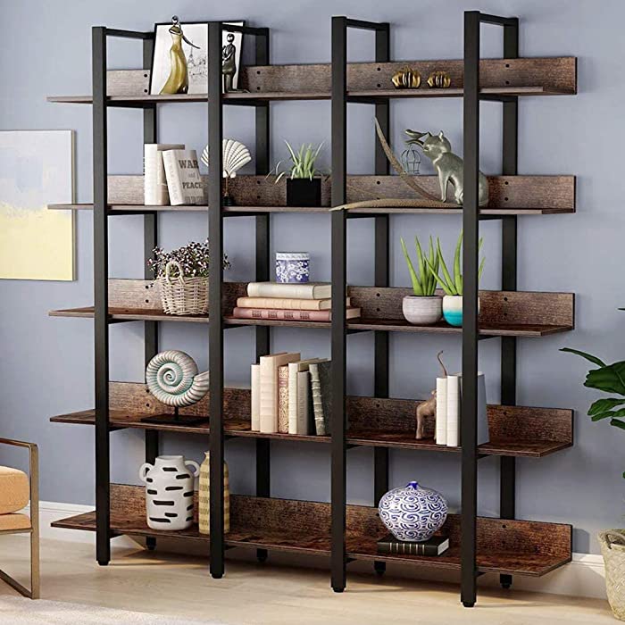 Tribesigns Rustic Triple Wide 5-Tiers Open Bookcase, Vintage Industrial Large 5 Shelf Bookshelf Furniture, Etagere Bookcases with Back Fence for Home Office Decor Display (Retro Brown)