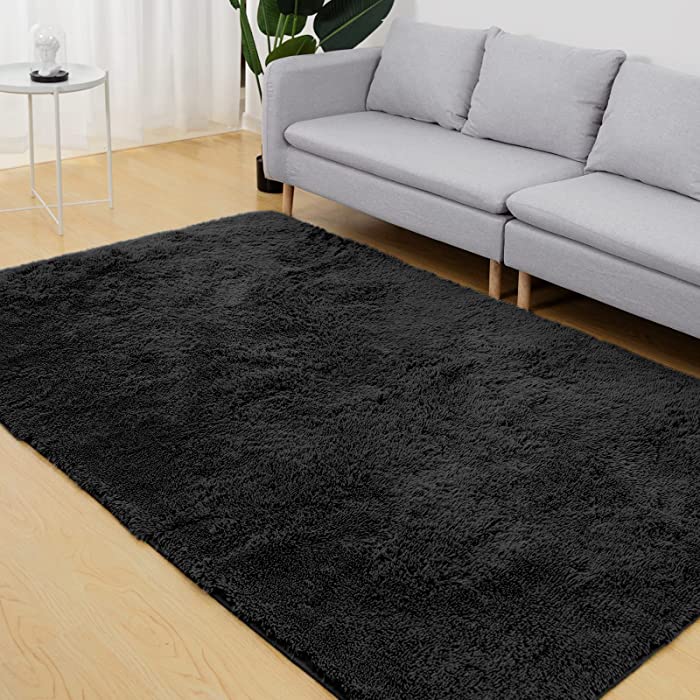 Vamcheer Fluffy Shag Area Rugs – Soft Fuzzy Rugs for Bedroom, Modern Plush Living Room Rugs Shaggy Floor Rugs, Bedside Nursery Rugs for Kids Baby Room, 4x6 FT, Black