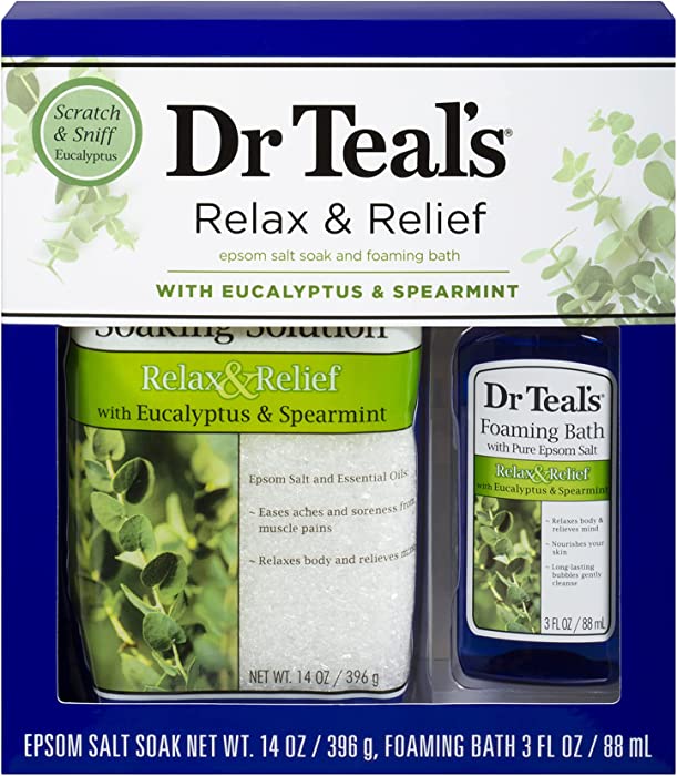 Dr Teal's Eucalyptus Epsom Salt & Foaming Bath Oil Sampler Gift Set - Give The Gift of Rejuvenation & Self Care! - 14 oz Bag of Eucalyptus Bath Salts & 3 oz Bottle of Eucalyptus Foaming Bath Oil