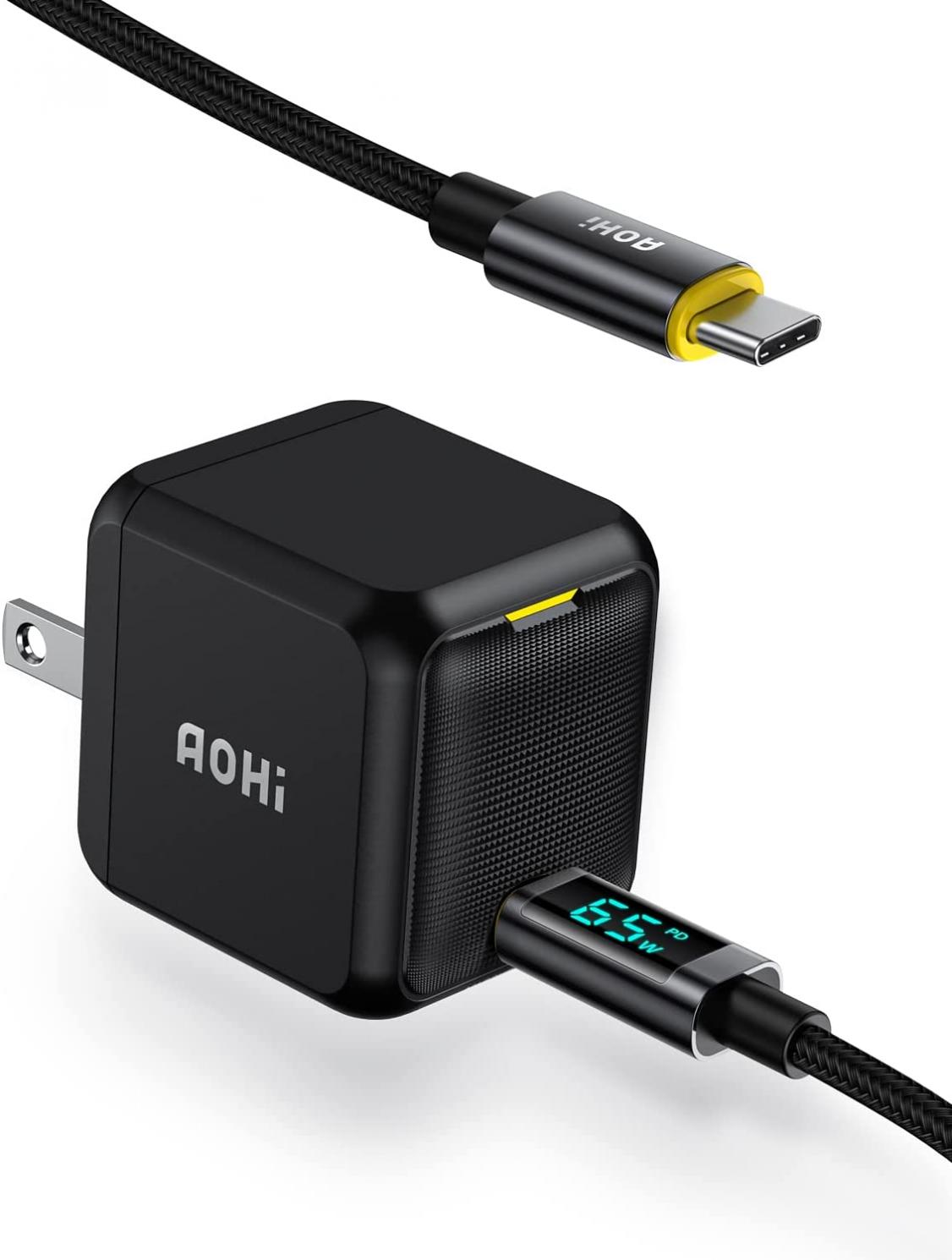 AOHI 65W PD USB C Charger, GaN+ Magcube Mini Fast Wall Charger Power Adapter with 4ft USB C to USB C LED Display Cable for Notebook MacBook Pro/Air, Galaxy S22/S21, iPhone 14/Plus/Pro Max/13/12, Black