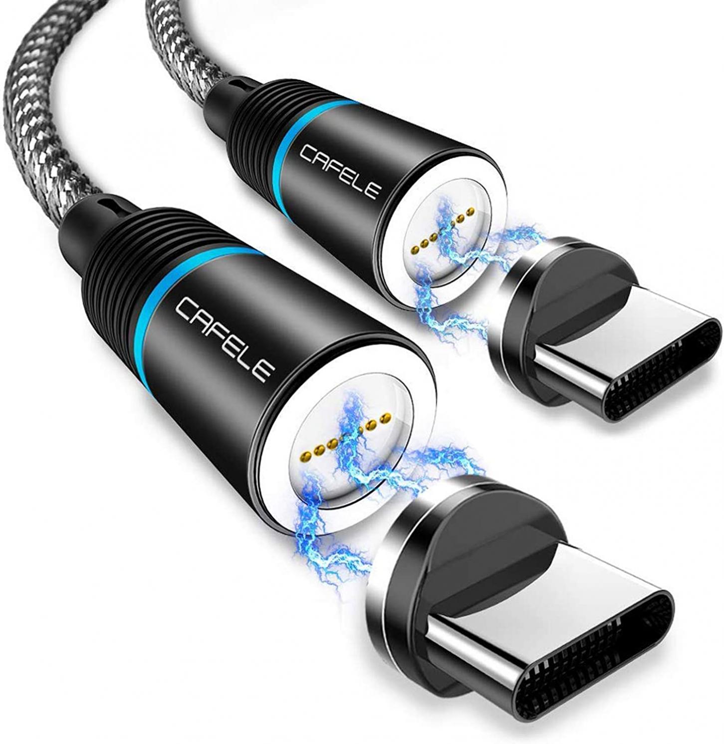 CAFELE Magnetic Type c Cable,【2 Pack 6.6ft】Magnetic USB C Cable with Led Light, Support QC 3.0 Fast Charging & Data Transfer, Nylon Braided Magnet Phone Charger Cord for Type C Devices - Black