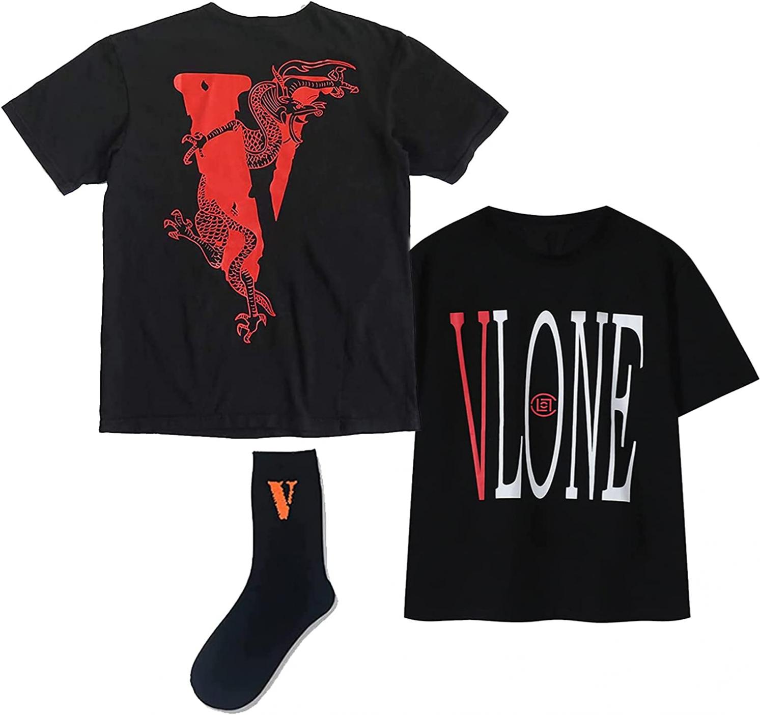 Mens Big V Dragon Logo Shirt Classic Letter Short Sleeve Tshirt with Black Hip Hop Socks