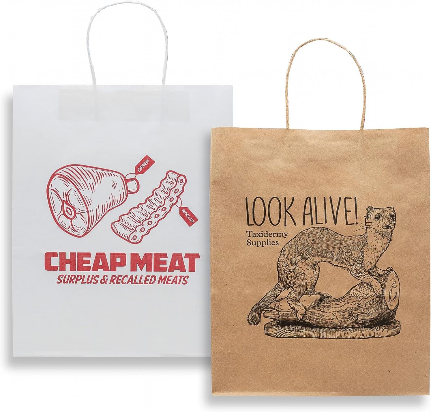 30 Watt Gift Bag (Pack of 2): Taxidermy + Cheap Meat, (1) White & (1) Brown Paper Bag, Gag Gift Wrapping Idea for Birthday, Valentines & Christmas, Authentic Prank Gift Bags for Novelty Gifting