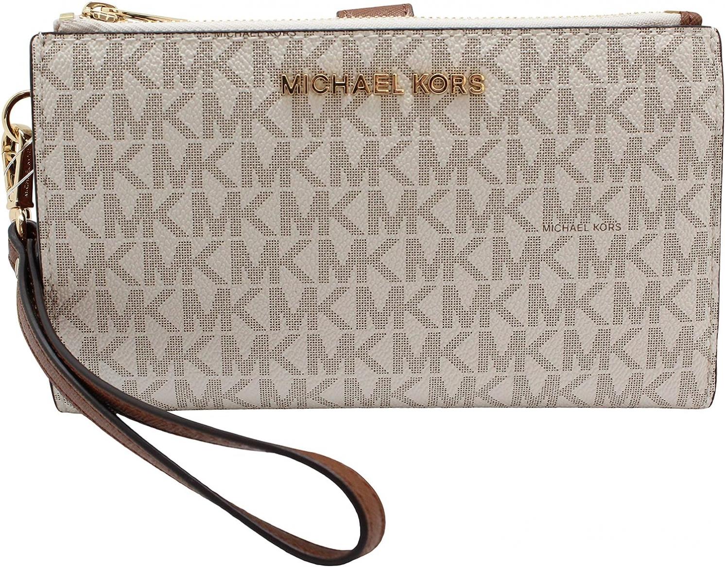 Michael Kors Jet Set Travel Double Zip Wristlet - Signature PVC (Vanilla PVC/Dark Acorn)