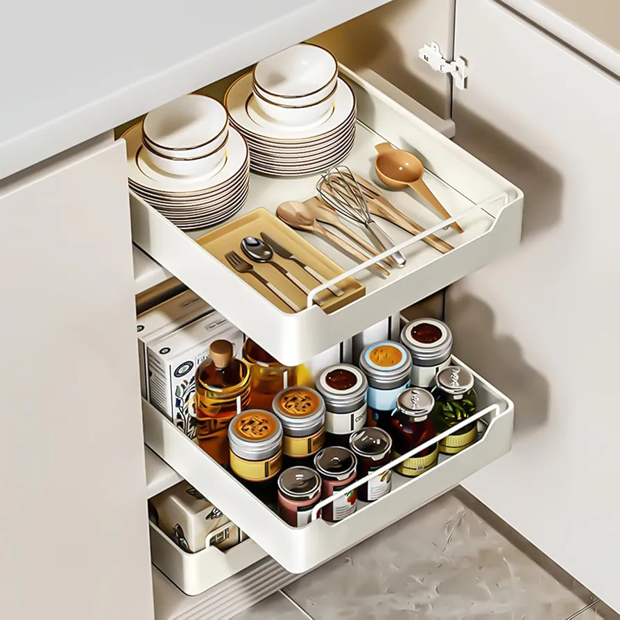 Pull Out Cabinet Organizer Fixed With Adhesive Nano Film, Heavy Duty Slide Out Pantry Shelves, Sliding Drawer Pantry Shelf for Kitchen, Living Room, Home,12.2" W x16.9 D x 2.75" H