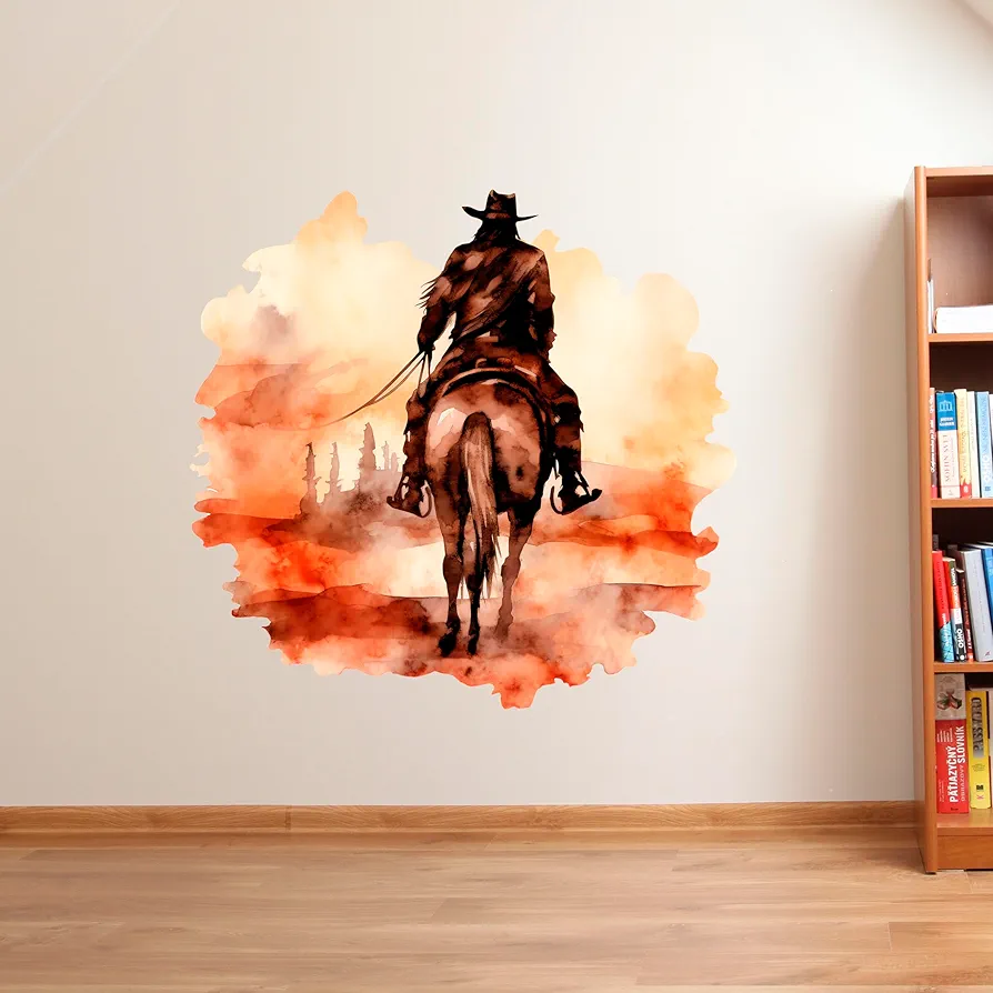 Western Cowboy on Horse Wall Decal, Desert Sunset Watercolor Wall Art, Watercolor Stickers, Cowboy Hat Themed Home Decor, Perfect Room Decor by AdesiivoStudio (20"W x 19"H (51 x 48 cm))