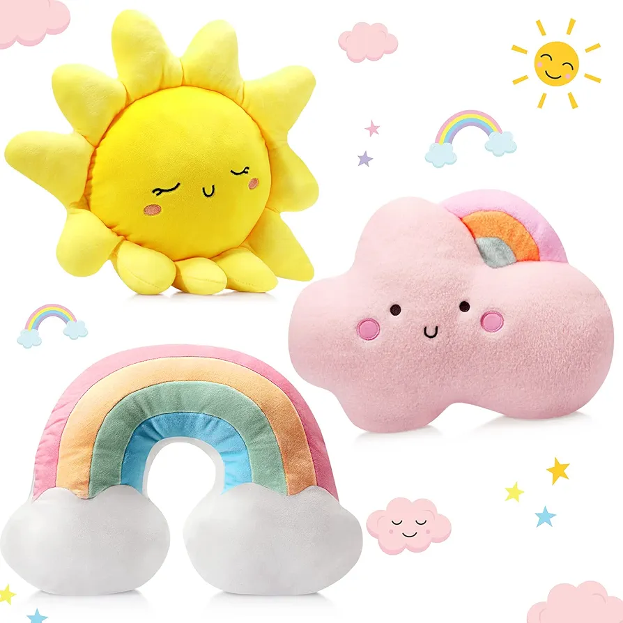 Queekay Cloud Rainbow Sun Moon Star Shaped Pillow 3 Pcs Nursery Stuffed Throw Pillows Kids Cute Cushion Children Soft Plush Pillow for Baby Room Reading Nook Decorations Gift(Moon, Star, Cloud)