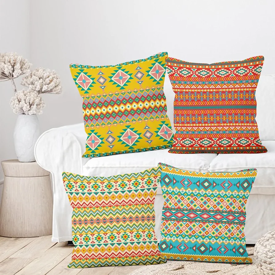 Colorful Bohemian Throw Pillow Covers, Boho Irregular Pattern Decorative Throw Pillow Case, 4-Pack Double-side Printed Pillowcases for Sofa and Living Room, 18x18 Inches