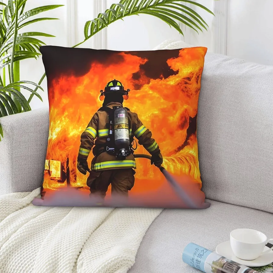 Decorative Throw Pillow Covers 16"x16" Double Sided Pillow Covers for Sofa Firefighter Fireman Flame Couch Throw Pillow Cases Soft Plush Cushion Case Square Cushion Cover for Living Room