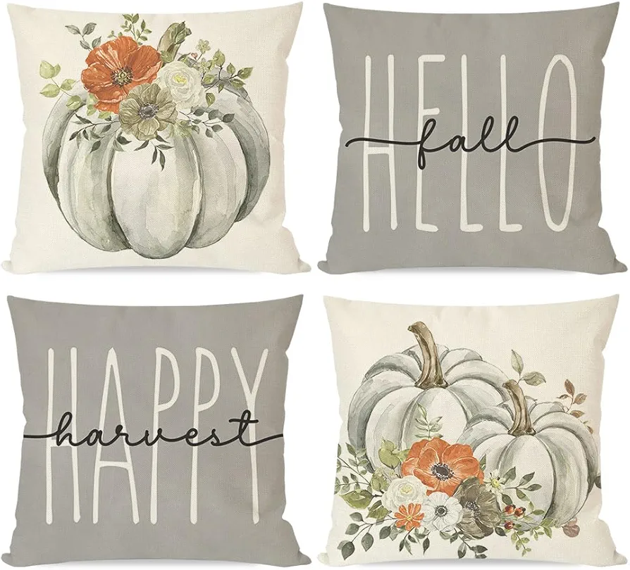 Grey Fall Throw Pillow Covers 18x18 Set of 4 White Pumpkin Floral Happy Harvest Hello Fall Outdoor Farmhouse Autumn Decorations Decorative Throw Pillows Cases for Living Room Couch Decor