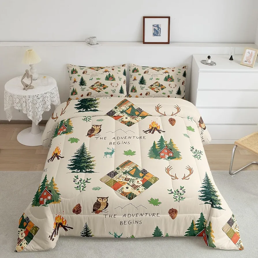 Outdoor Adventure Bedding Set Twin Size Wild Owl Animals Plants Comforter Set Camping Cabin and Campfire Quilt Set 2pcs for Kids Youth Women Men Room Decor Cartoon Duvet Insert,1 Pillowcase