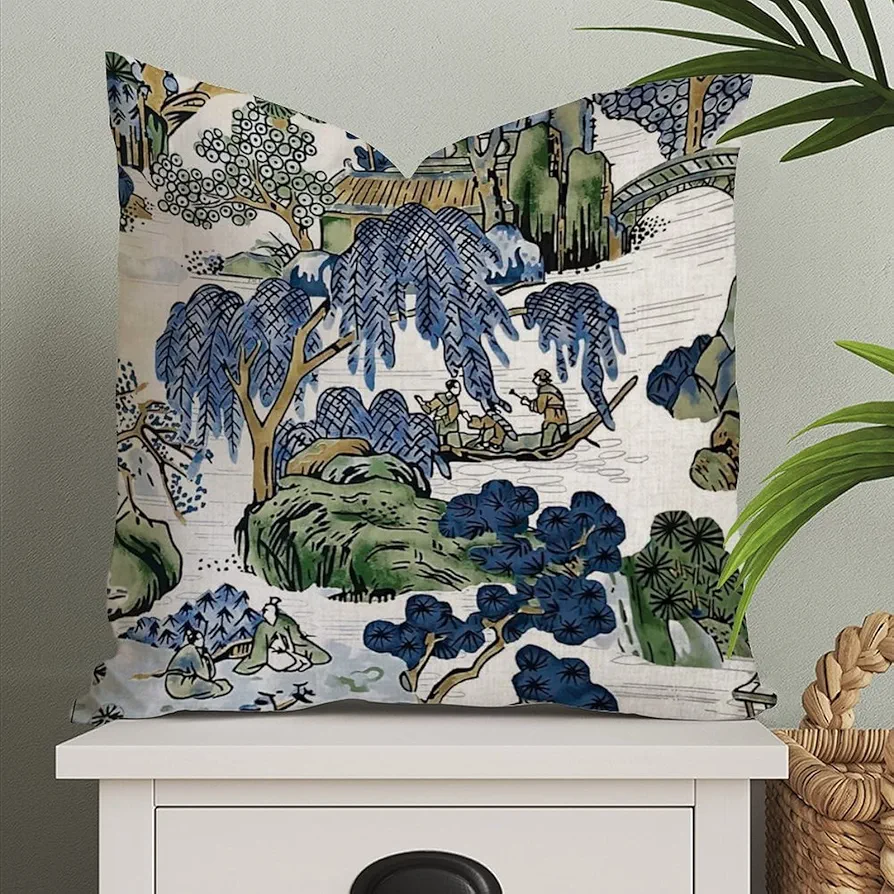 Asian Scenic Pillow in Blue and Kelly Green Lumbar Decor Ative Pillow Chinoiserie Pillow Cover Cushion Rustic Decortaive Pillowcase Home Decor for Sofa Living Room Bedroom 28x28in, wbkko3ufovzy