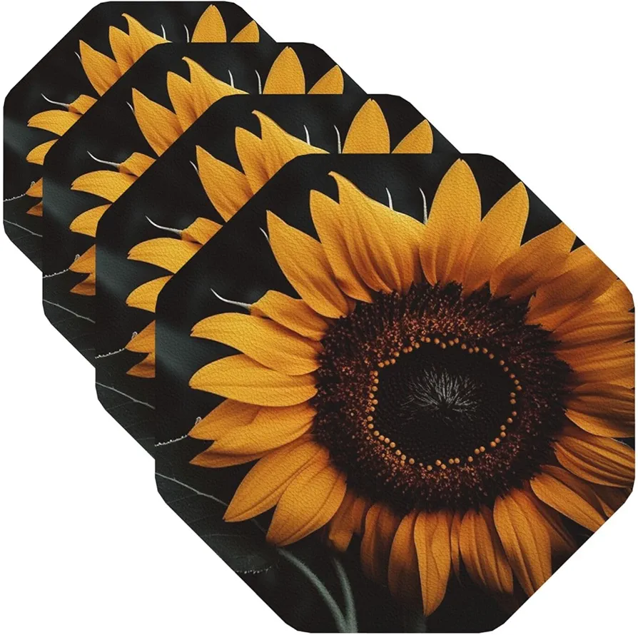 Drink Coasters with Holder A sunflower Leather Coasters Round Coaster for Drinks Tabletop Protection Cup Mat Decorate Cup pad for Coffee Table Kitchen Dining Room Bar Decor