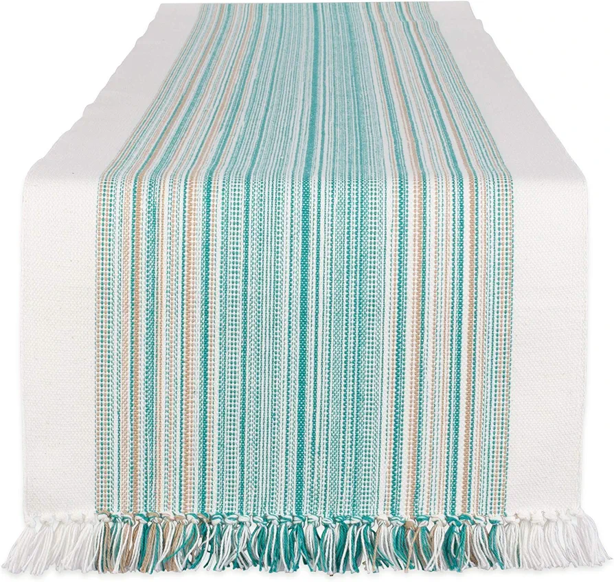 DII Everyday Collection Fringed Stripe Tabletop, Table Runner, 14x72, Teal