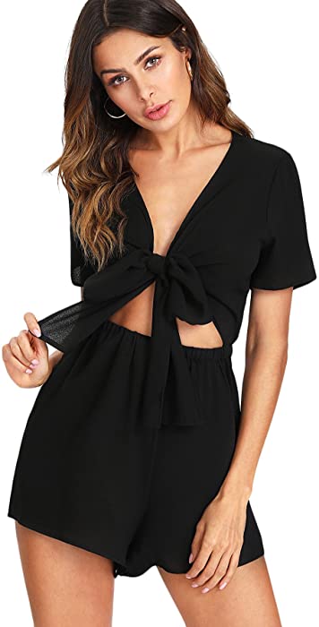 SweatyRocks Women's Sexy V Neck Self Tie Front Short Romper Jumpsuit Playsuit