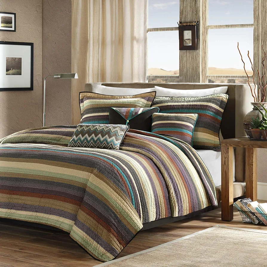 Madison Park Quilt Rustic Southwestern - All Season, Breathable Coverlet Bedspread, Lightweight Bedding, Shams, Decorative Pillow, King/Cal King(104"x94"), Yosemite, Stripes Purple/Teal 6 Piece