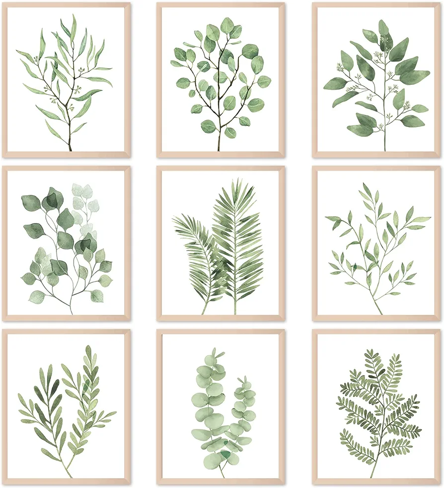 Tevxj 9PCS Botanical Plant Wall Art Prints Green Plant Wall Decor Boho Herb Wall Decor Pictures Minimalist Wall Art Photo Prints for Living Room Kitchen Leaves (8"x10", Unframed)