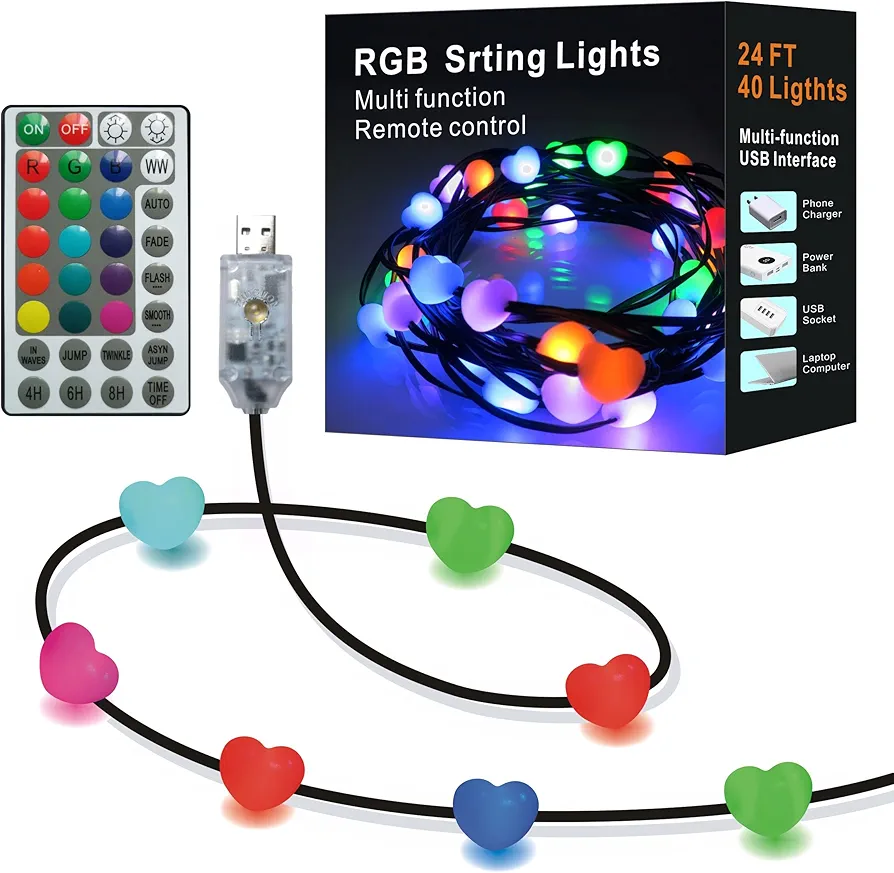 USB String Lights with Heart - Multi Color LED Fairy Lights for Bedroom, Indoor Use - Christmas String Light, 24.5 FT 40 LED - Perfect for Indoor and Outdoor Decor led Lights for Bedroom