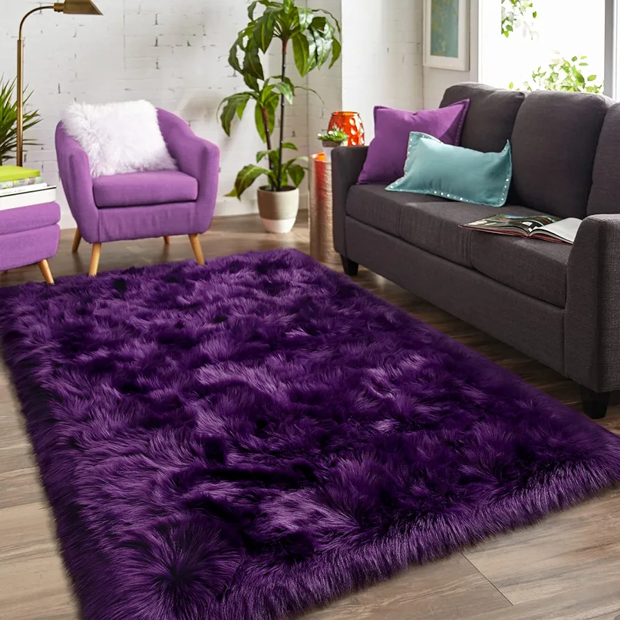 HOMORE Soft Fluffy Faux Fur Area Rug for Bedroom Living Room, Extra Comfy and Fuzzy Rugs, Washable Plush Carpet for Bed Home Decor, 4x6 Feet Purple