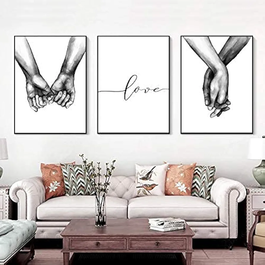 16"x20" Love and Hand in Hand Wall Art Canvas Print Poster,Simple Fashion Black and White Couples Love Hands Sketch Art Line Drawing Decor for Home Living Room Bedroom Office(Set of 3 Unframed)