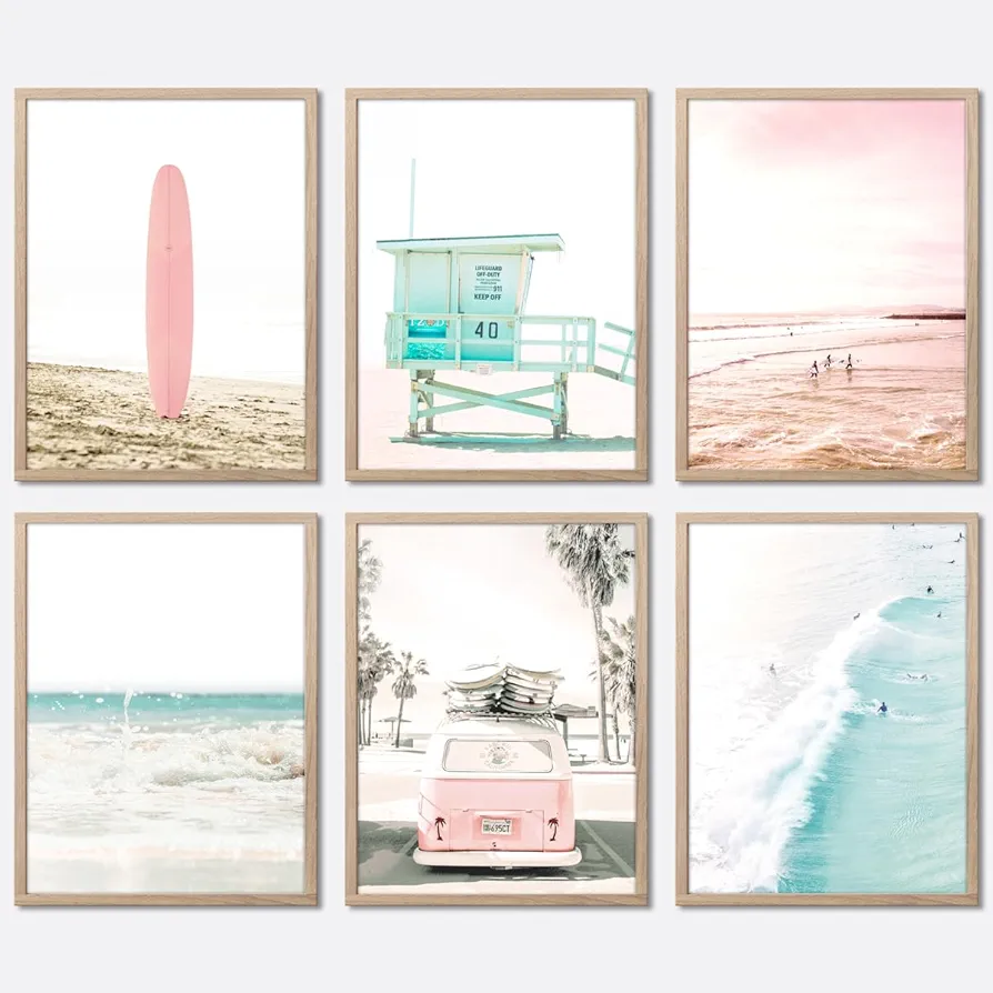 Summer Beach Wall Art Tropical Summer Ocean Coastal Posters Prints Girly Nautical Surfboard Bus Room Girl Room Soft Pink Decor California Beachy Surf Art Set For 6 8x12inch Unframed