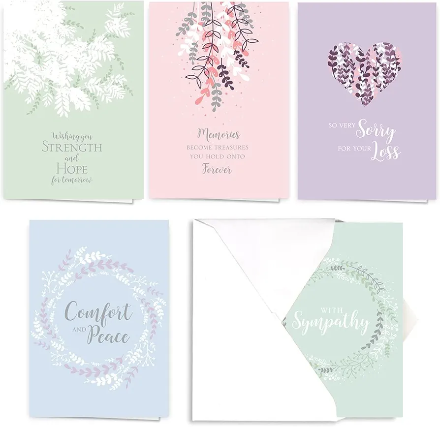 Expressions of Sympathy Assortment Card Pack/Set of 25 Greeting Cards / 5 Sympathy Designs / 5'' x 7'' Note Cards With Blank White Envelopes