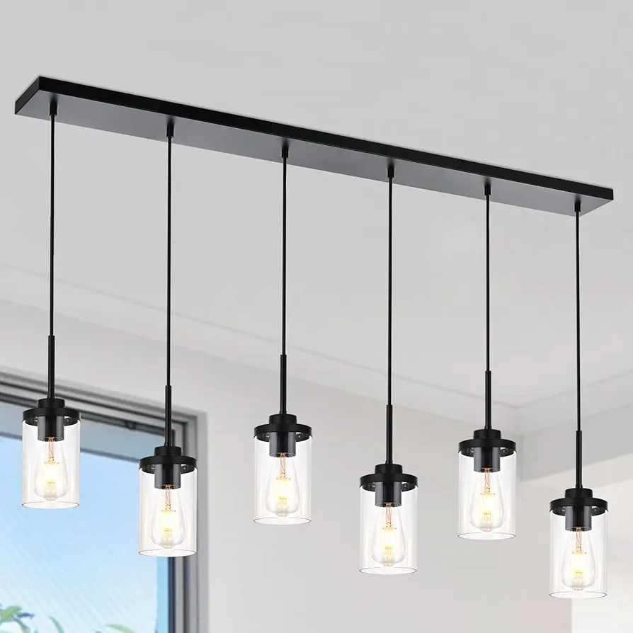 Island Light for Kitchen, 6-Light Dining Room Light Fixture with Clear Glass Shade, Black Linear Chandelier Pendant Lighting Over Table for Dining Table Kitchen Island Living Room