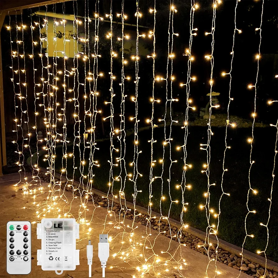 LE Fairy Curtain Lights Battery Operated & USB Plug in, Remote 10 x 10 ft Hanging String Lights for Bedroom Wall, 300 LED Indoor Outdoor Twinkle Lights for Wedding Party Backdrop Tent, Patio, Gazebo