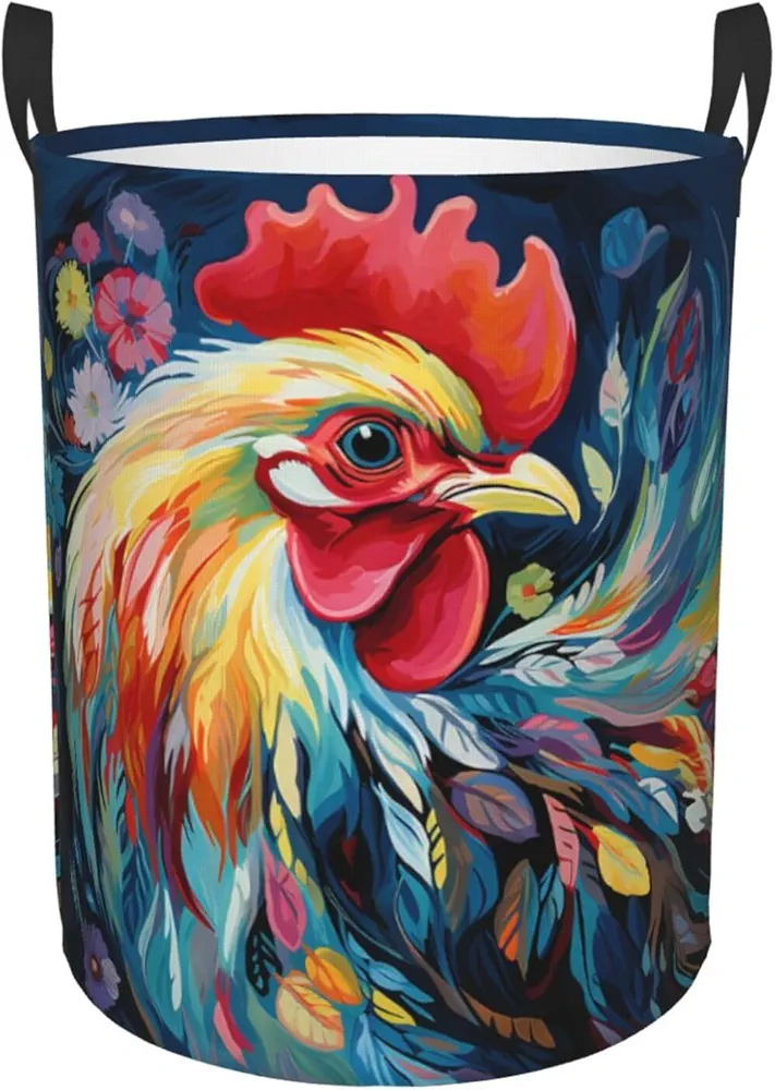 Art colorful Chicken Print Laundry Basket Circular Laundry Hamper with Handles Waterproof Circular Hamper Dirty Clothes Basket Portable Storage Bin for Home Organizer Living Room Bathroom Car Medium