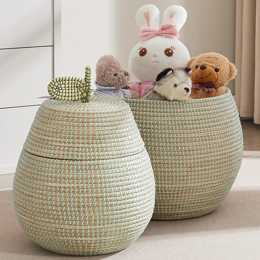 2 Pack Large Laundry Hamper with Lid, Handmade Seagrass Woven Storage Basket for Toys Bin, Pillows, Blankets, Clothes, 57L & 26.5L Decorative Basket For Livingroom Bathroom, Home Decorations.