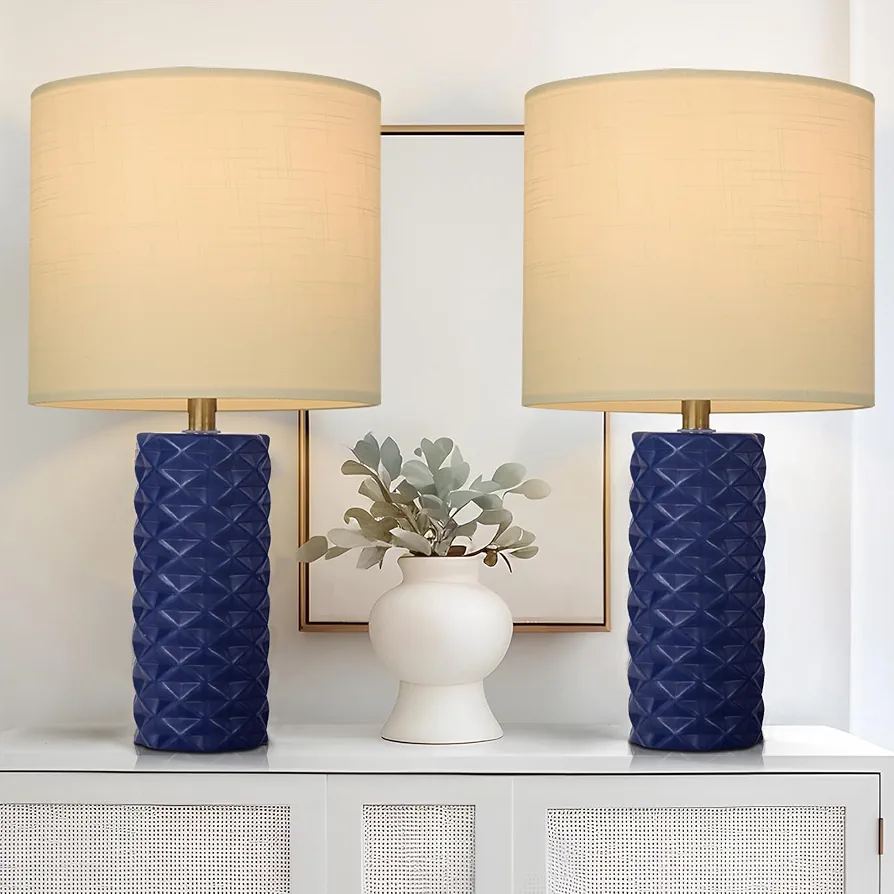 Ceramic Table Lamp 20" Modern Nightstand Lamps Set of 2 Navy Blue Table Lamp with Fabric Shade Bedside Table Lamp for Living Room Bedroom and Guest Room