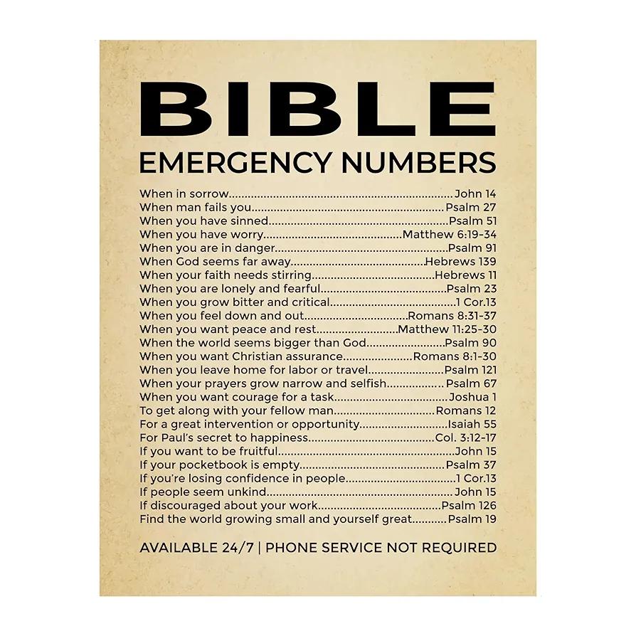 Bible Emergency Numbers - Christian Wall Decor Print, This Bible Inspirational Wall Art Is A Vintage Faith Christian Gift For Living Room Decor, Office Decor, Church, or Room Decor, Unframed - 11x14